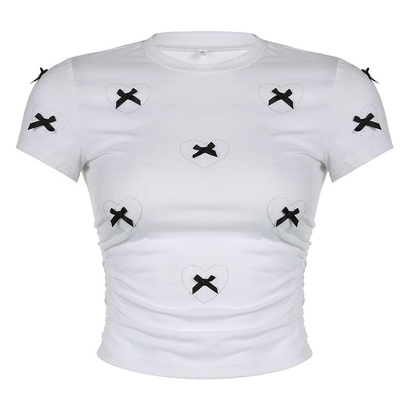 Short sleeve bowknot beaded ruched top