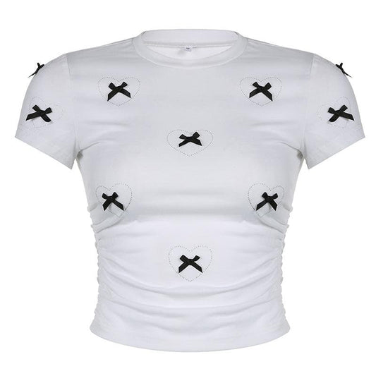 Short sleeve bowknot beaded ruched top