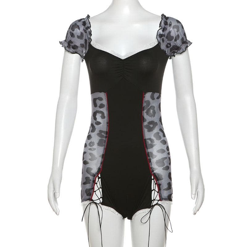 Short puff sleeve leopard print lace hem romper