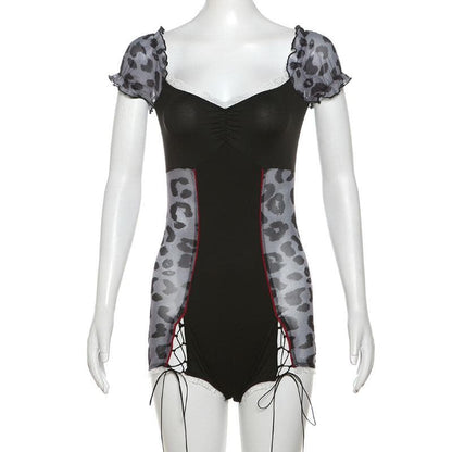 Short puff sleeve leopard print lace hem romper