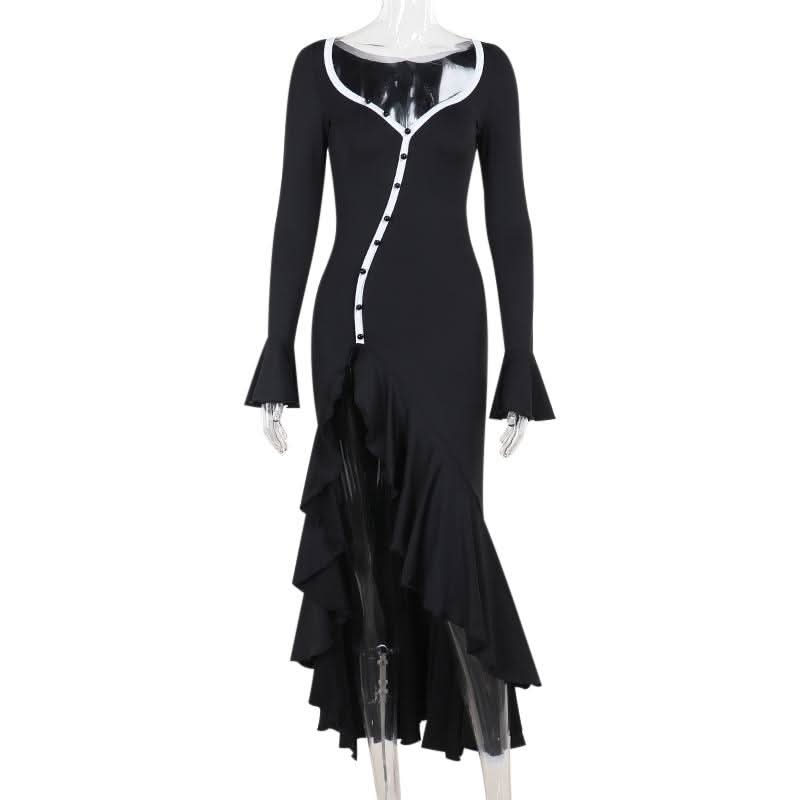 Long flared sleeve v neck button slit ruffle maxi dress