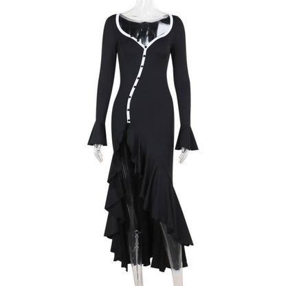 Long flared sleeve v neck button slit ruffle maxi dress