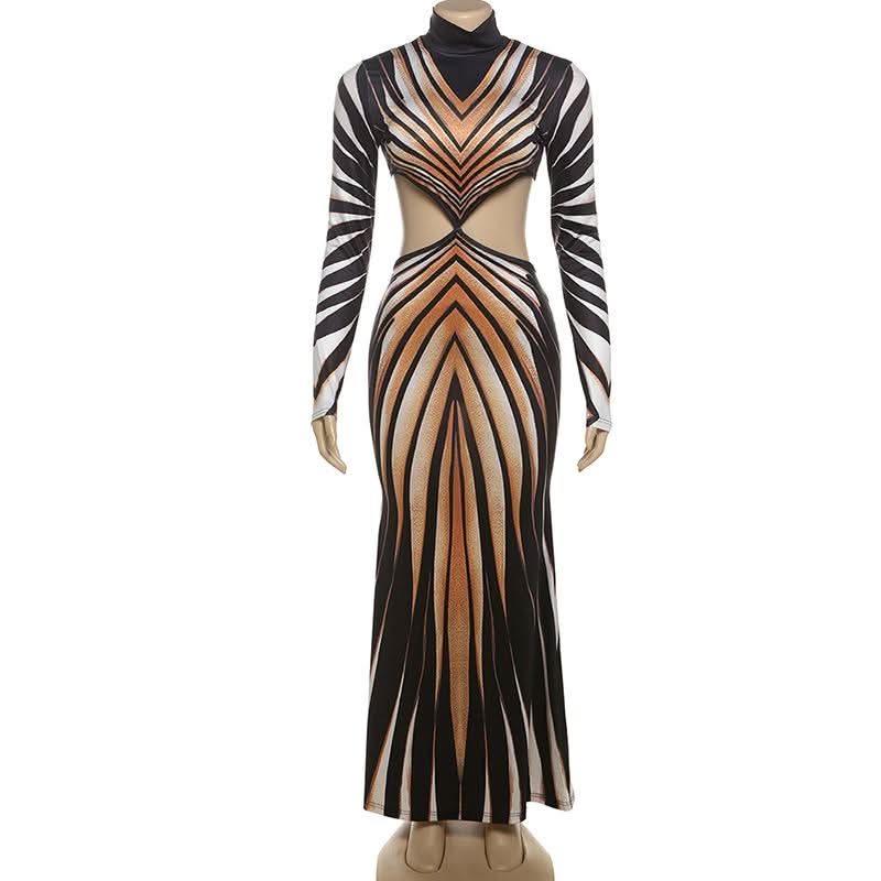 High neck long sleeve hollow out print contrast cut out maxi dress