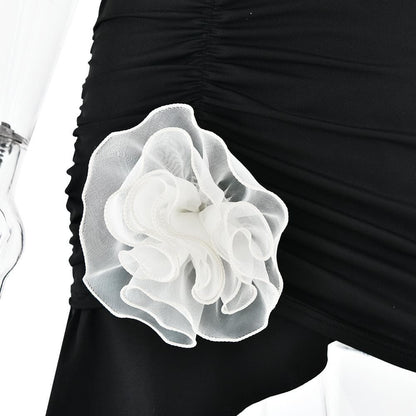 Halter ruched flower applique ruffle mini dress