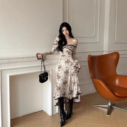 Off shoulder long sleeve flower print lace hem maxi dress