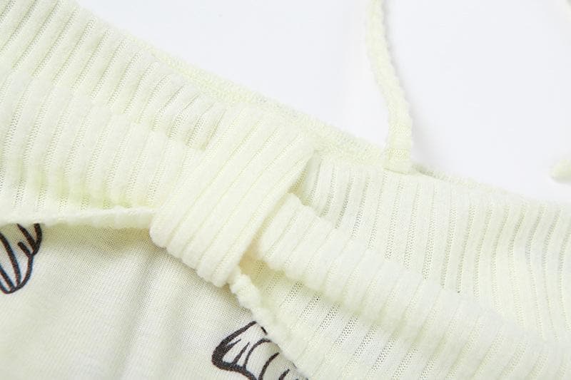 Butterfly print contrast off shoulder halter long sleeve crop top