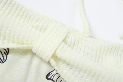 Butterfly print contrast off shoulder halter long sleeve crop top