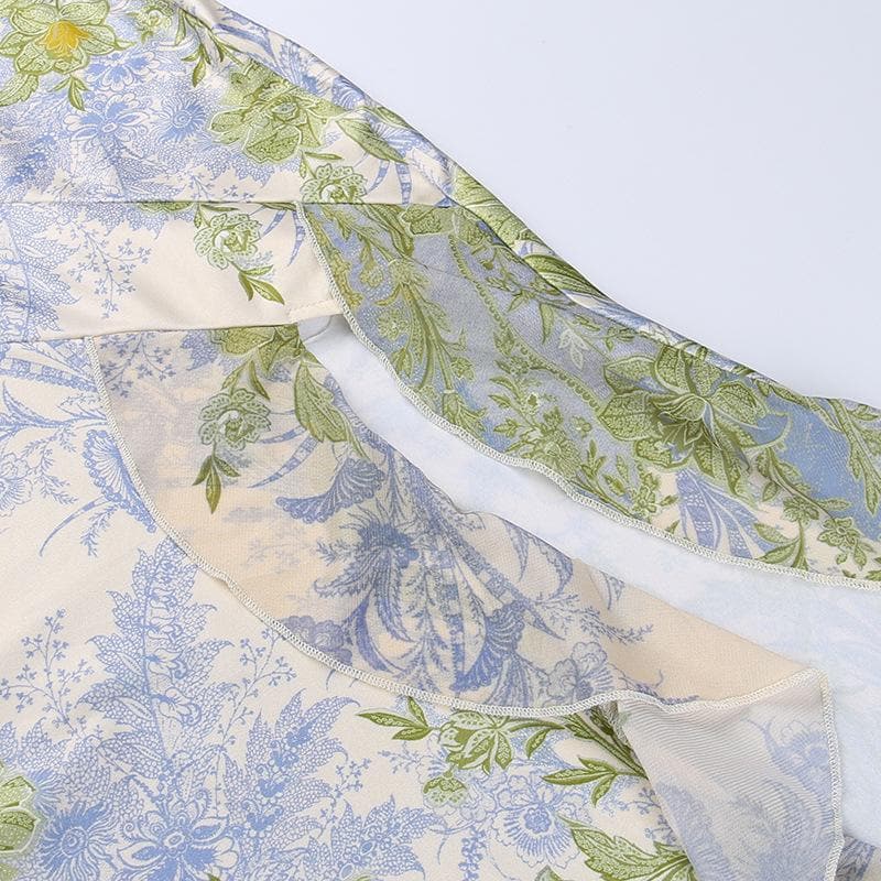 Flower print slit irregular contrast backless maxi dress