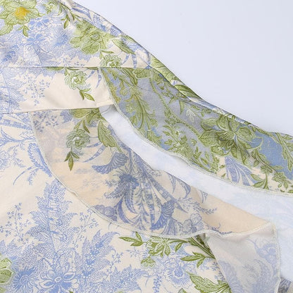 Flower print slit irregular contrast backless maxi dress