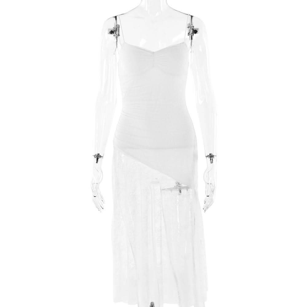 V neck ruched irregular lace spaghetti strap midi dress