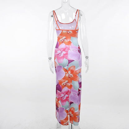 Flower print contrast backless slit square neck cami maxi dress