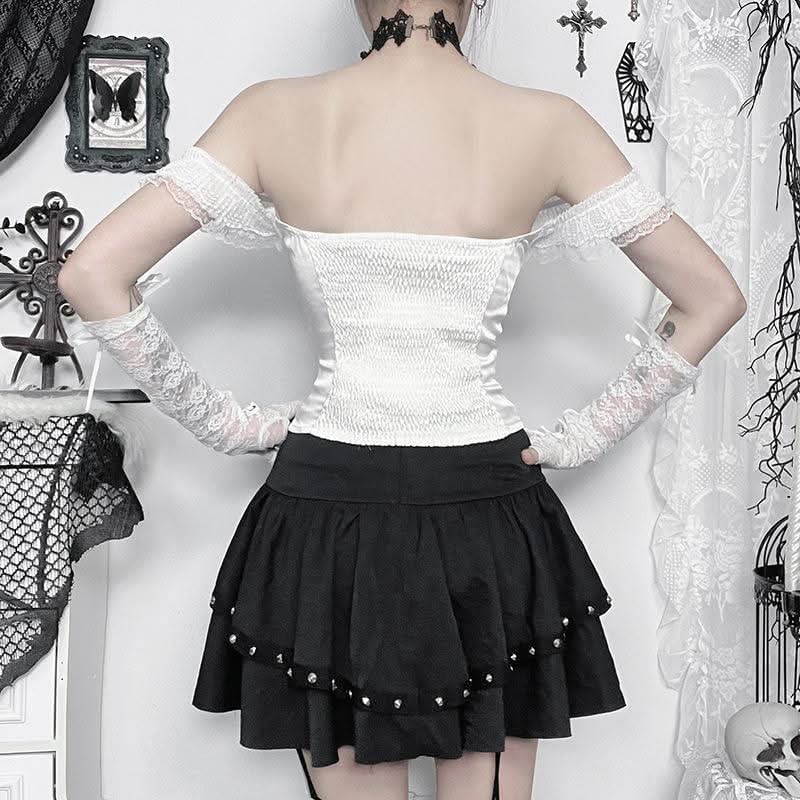 Lace hem off shoulder ruched smocked top