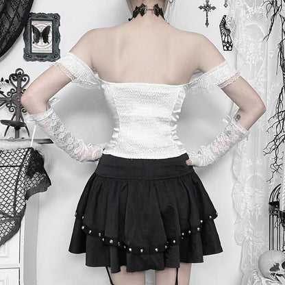 Lace hem off shoulder ruched smocked top
