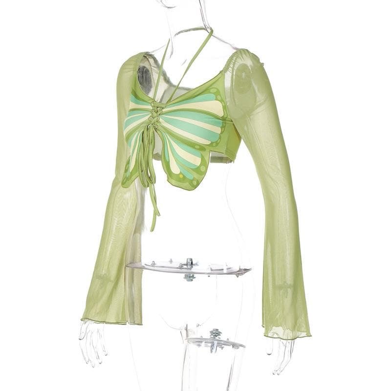 Long sleeve halter butterfly pattern drawstring crop top