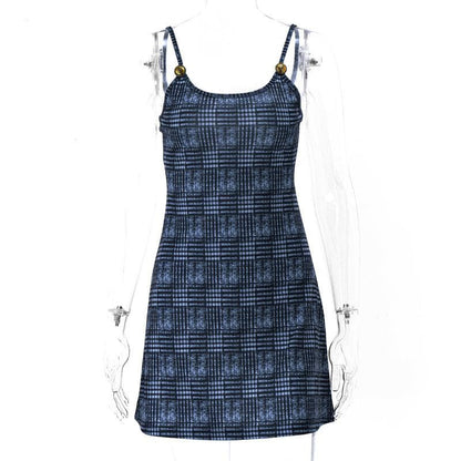 Plaid Scoop Neck Spaghetti Strap Metal Tag Button Cami Mini Dress