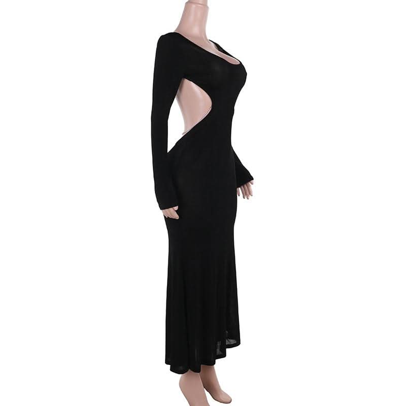 Long sleeve u neck metal chain backless maxi dress