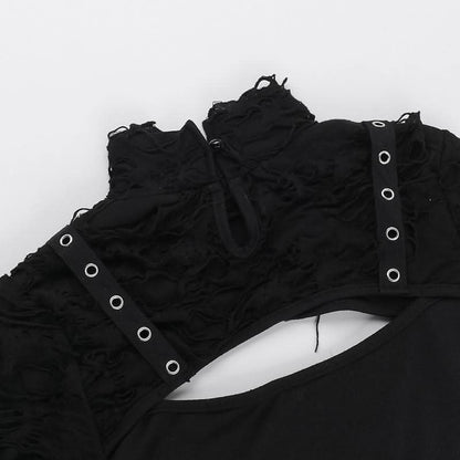 Long sleeve high neck hollow out buckle cut out top