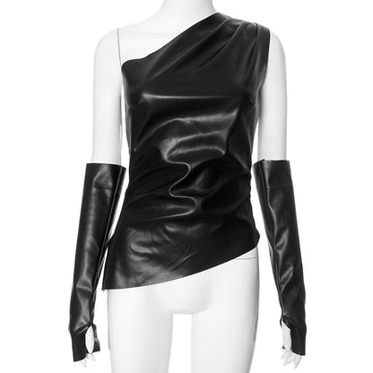 One shoulder gloves PU leather zip-up ruched top