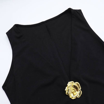 Deep V neck flower applique solid maxi dress