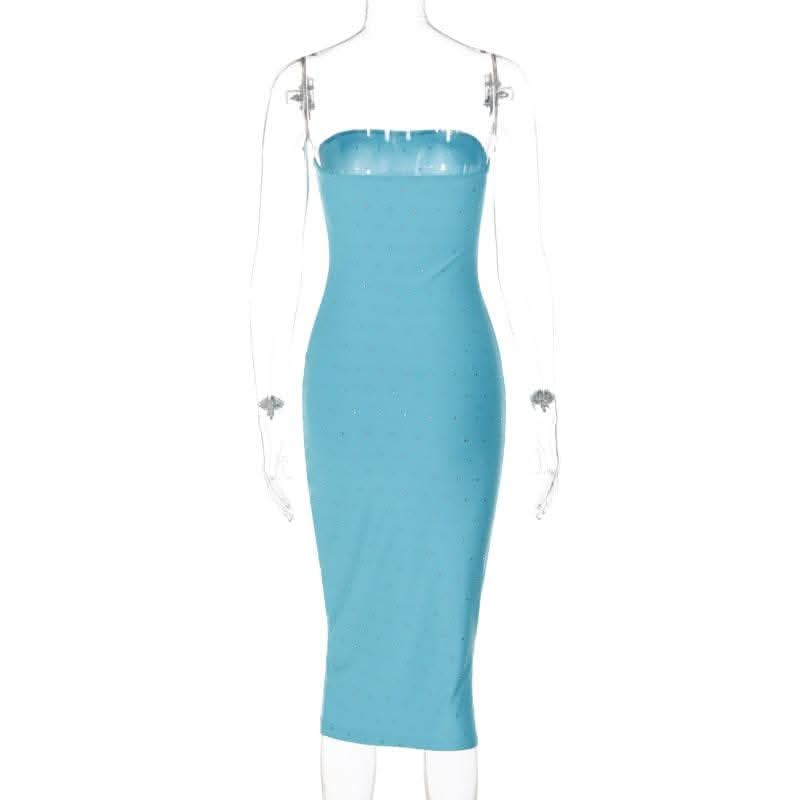 Beaded solid backless sleeveless tube midi dress-final-sale