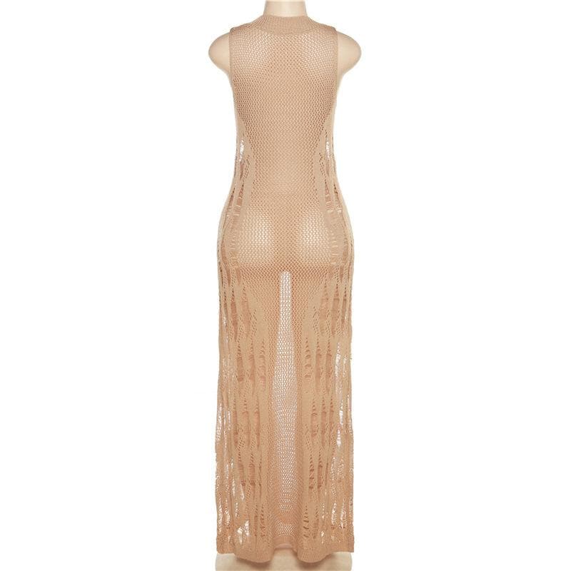 Crochet solid sleeveless see through round neck maxi dress-final-sale