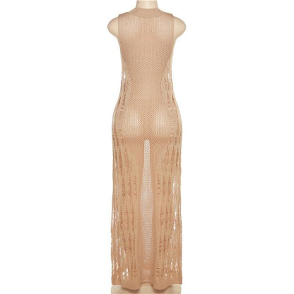 Crochet solid sleeveless see through round neck maxi dress-final-sale