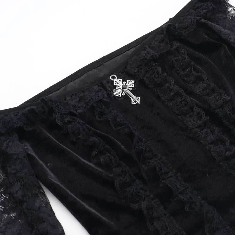 Long flared off shoulder lace cross applique top
