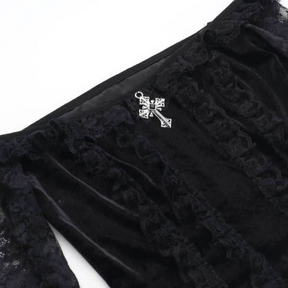 Long flared off shoulder lace cross applique top