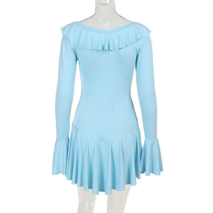 Long flared sleeve ruffle self tie mini dress