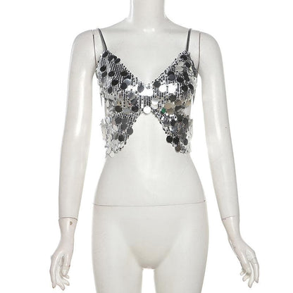 Butterfly pattern glitter lace up cami top