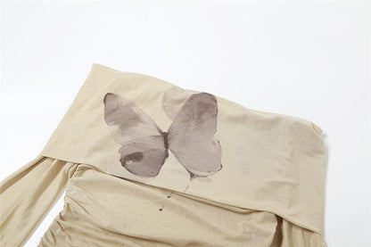 Butterfly pattern contrast off shoulder long sleeve crop top