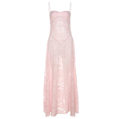 Square Neck Floral Jacquard Burnout Spaghetti Strap Backless Maxi Dress