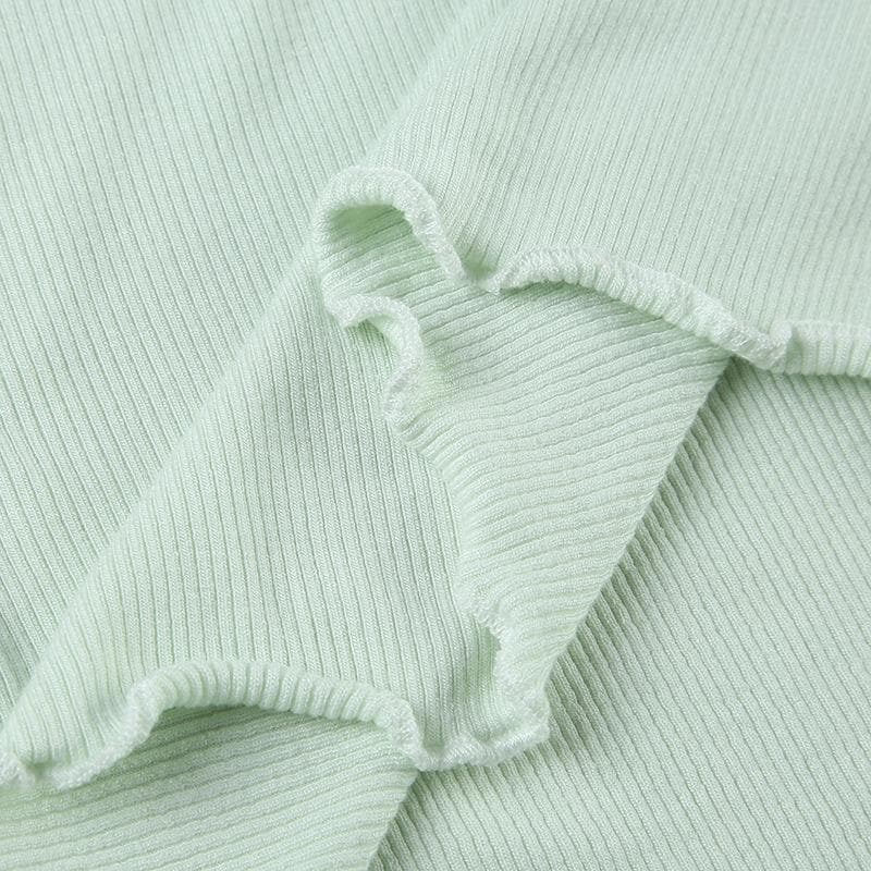Ruffle ribbed bowknot solid ruched top
