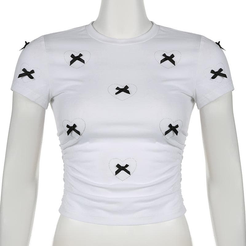 Short sleeve bowknot beaded ruched top