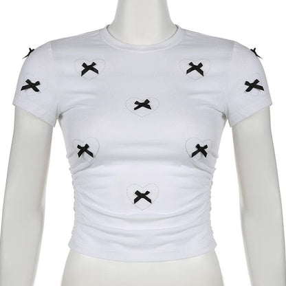 Short sleeve bowknot beaded ruched top