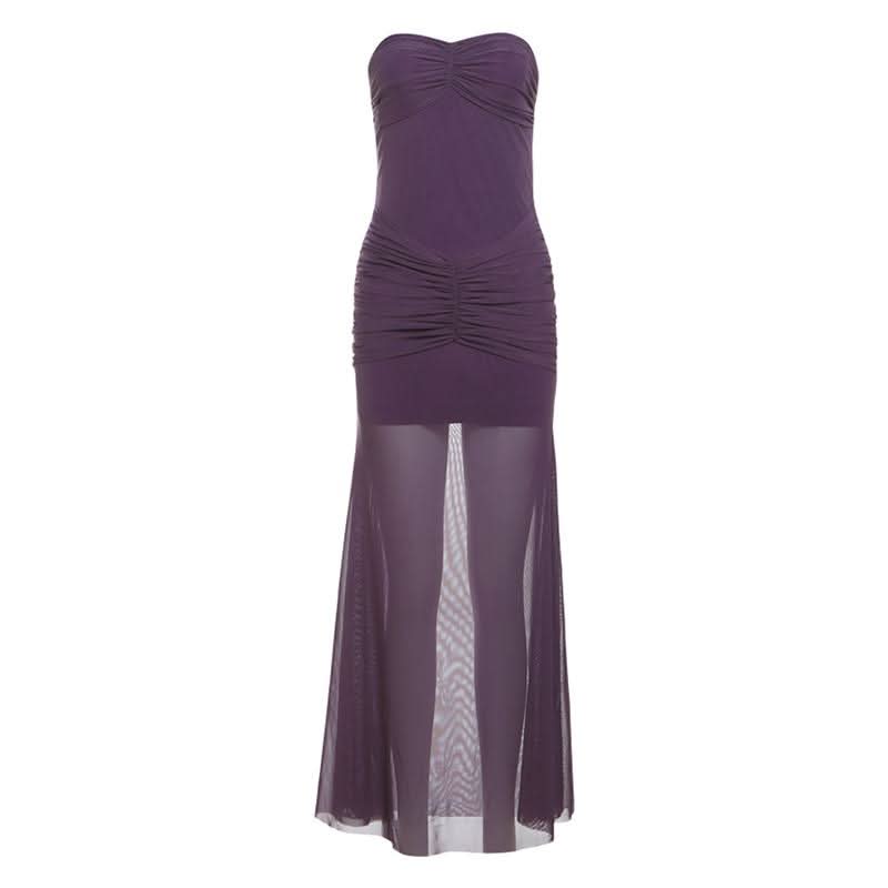 Sweetheart neck ruched mesh solid maxi dress