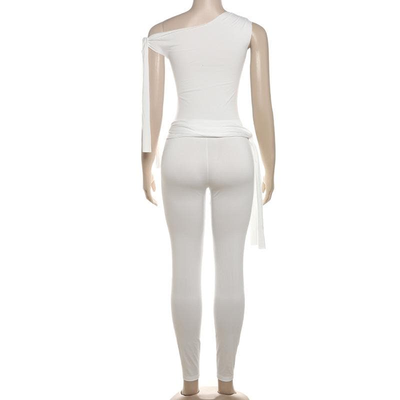 One shoulder self tie irregular solid high rise pant set