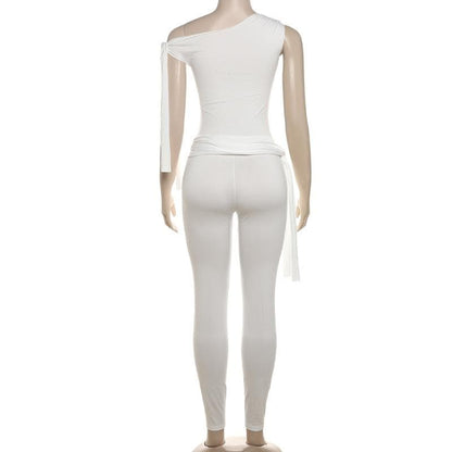 One shoulder self tie irregular solid high rise pant set