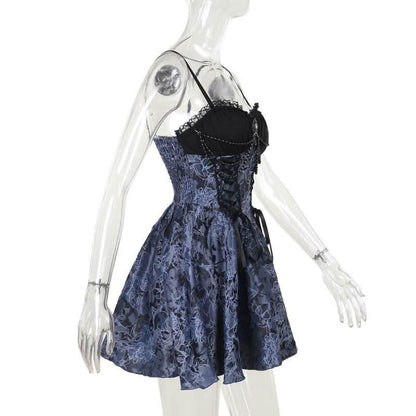 Sweetheart neck beaded smocked lace up cami mini dress