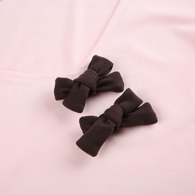 Bowknot contrast patchwork long sleeve v neck top-final-sale