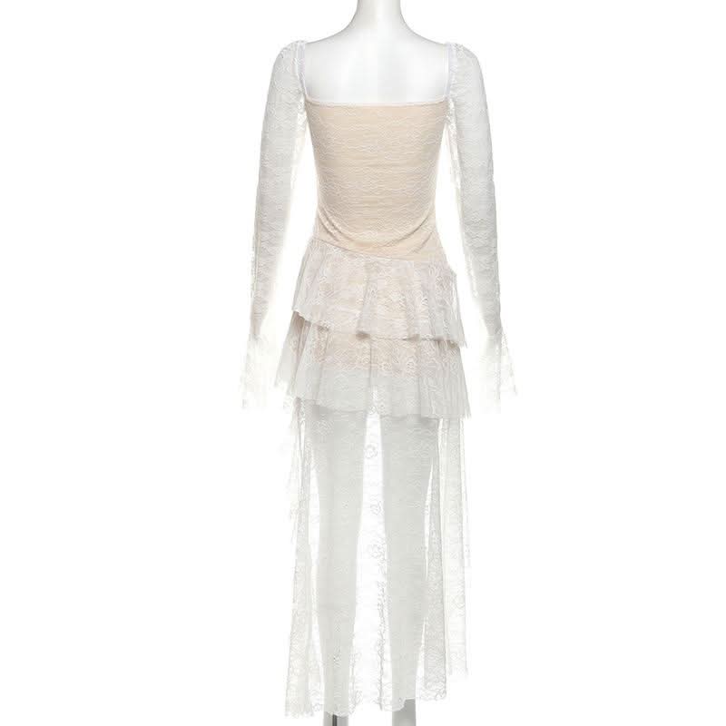 Long flared sleeve lace ruffle mini dress