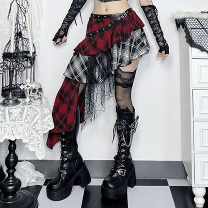 Plaid irregular buckle ruffle lace hem patchwork mini skirt