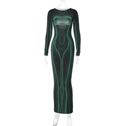 Long sleeve round neck contrast abstract body print maxi dress