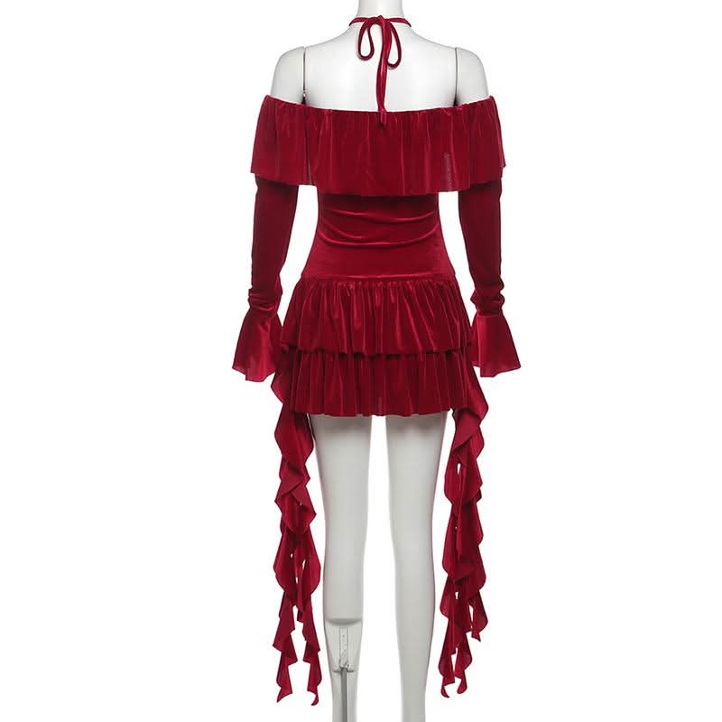 Halter long sleeve off shoulder velvet mini dress