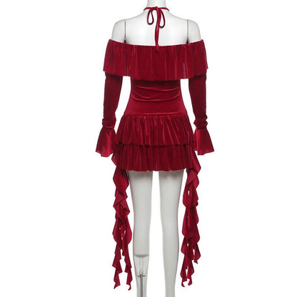 Halter long sleeve off shoulder velvet mini dress