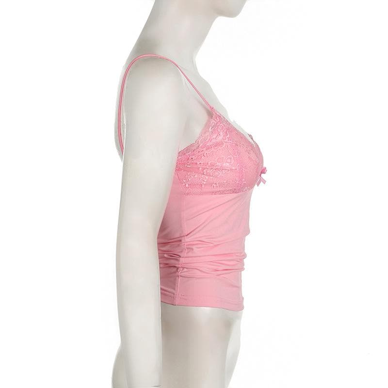 Bowknot v neck lace backless patchwork solid cami top