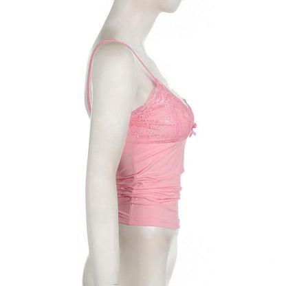 Bowknot v neck lace backless patchwork solid cami top