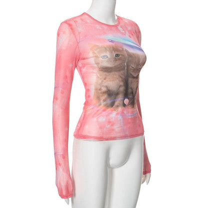 Long sleeve cat print crew neck top