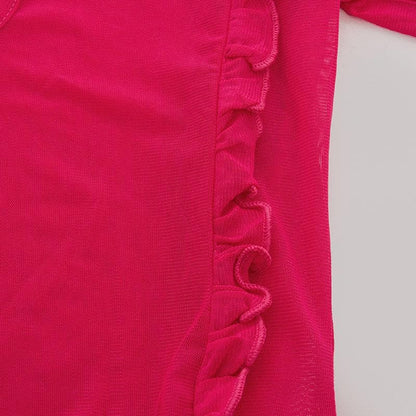 Ruffle turtle neck sheer mesh see through long sleeve maxi dress