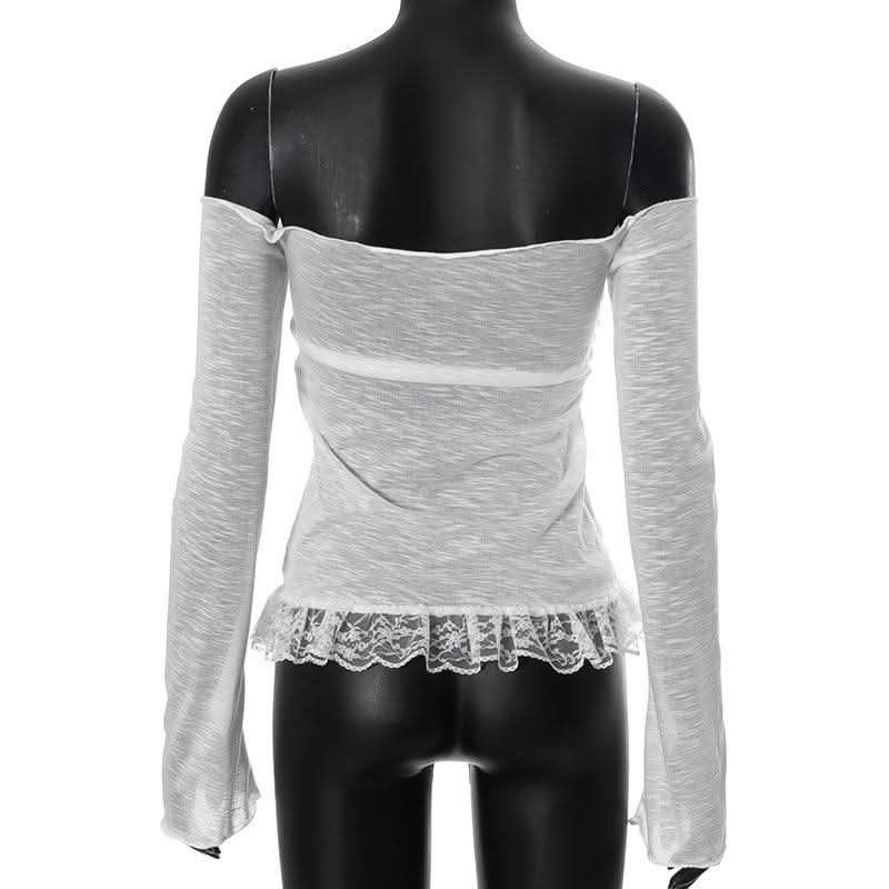 Off shoulder bowknot lace hem mesh long sleeve top